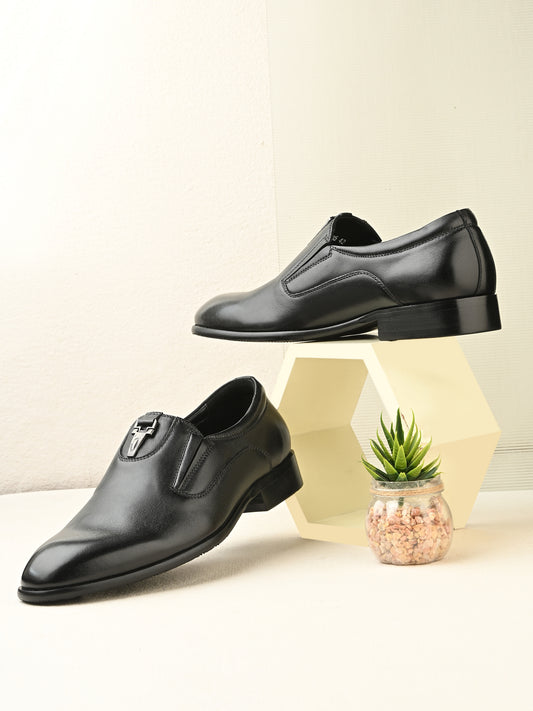 Levancho Premium Black Leather Partywear Shoes for Men's